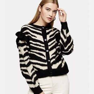 Topshop Frill Sleeve Zebra Print Cardigan Sweater Women’s US Size 8-10 Chunky
